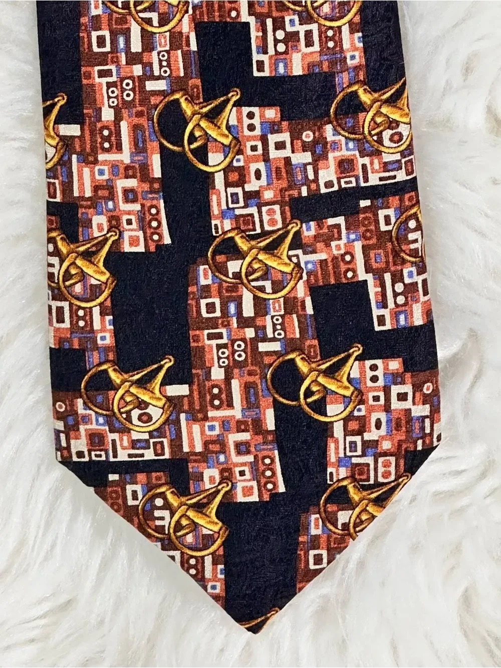 Celine Black, Brown & Gold Geometric Print Silk Tie